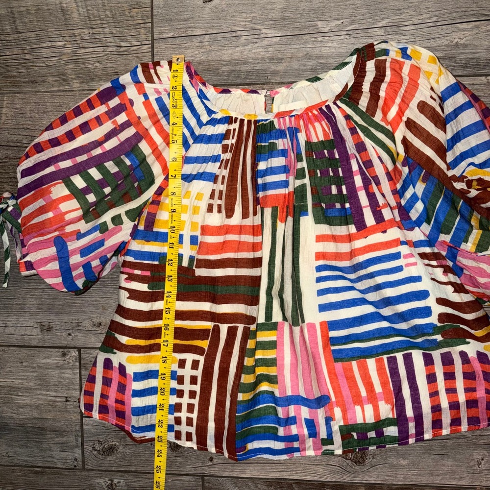 PINCH Patchwork Stripe Square Neck Puff Sleeve Tie Cuff Blouse Top M - Picture 6 of 7